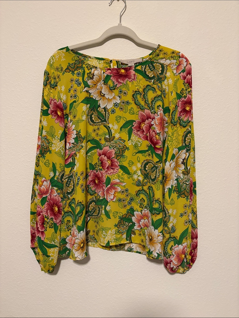 LOFT Yellow Floral Long Sleeve Blouse with Pink & Green Accents/L